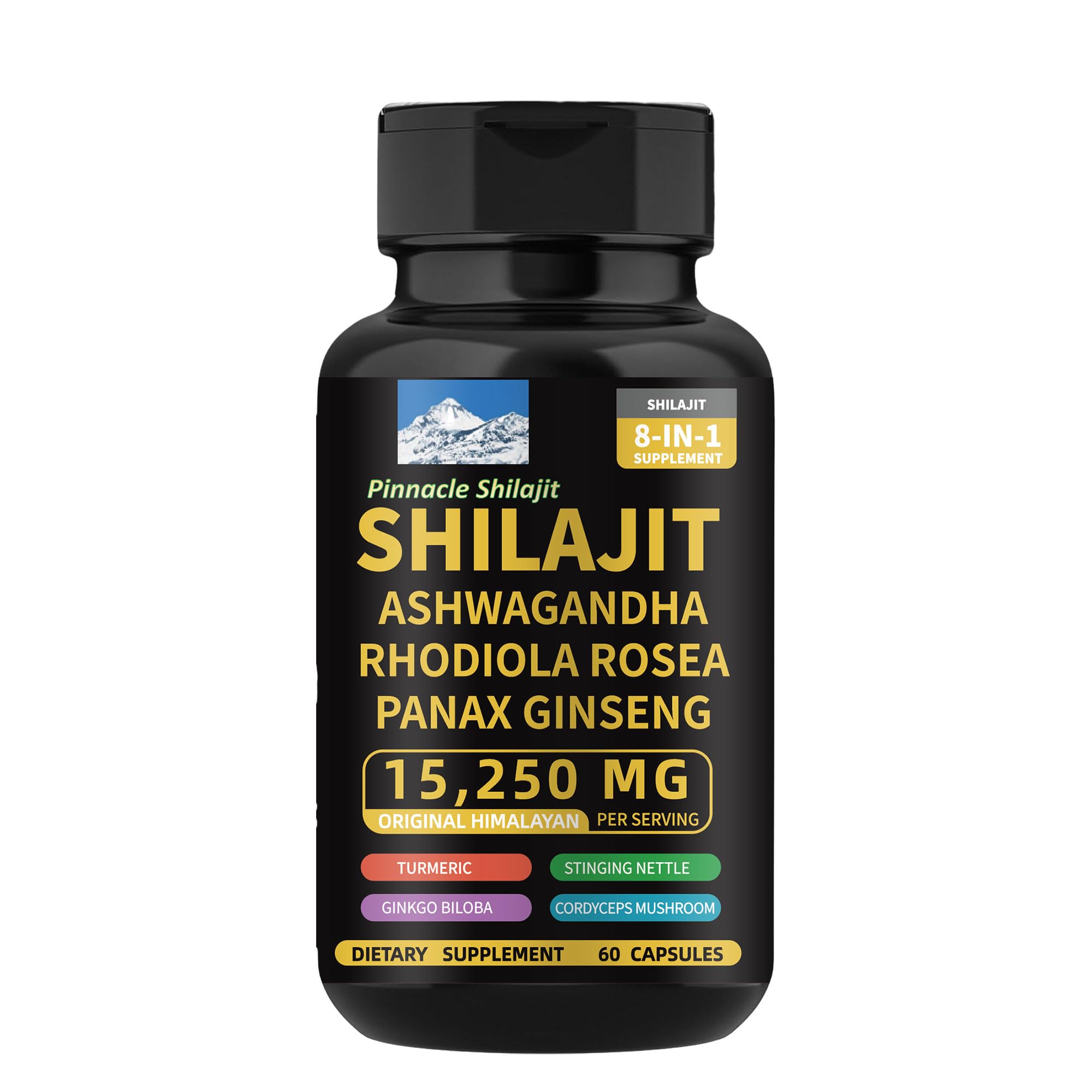 Pinnacle 8-in-1 Capsules with Shilajit, Rhodiola Rosea, Ashwagandha, Ginseng, Gingko Biloba, Turmeric, Cordyceps Mushroom & Stinging Nettle Supports Energy, Mental Clarity & Immunity. 1 Count (Pack of 60)