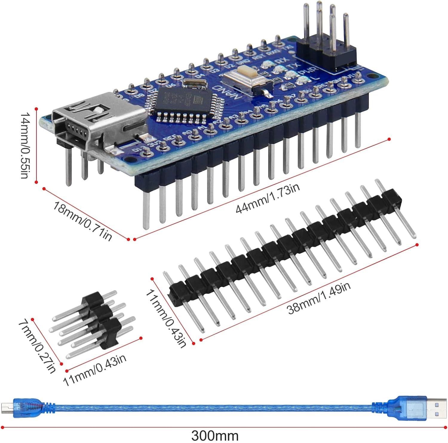 3pcs Nano Modulo Saldato, Nano Scheda CH340 Chip, 5V 16MHz per Arduino, con un Cavo Micro USB e 3PCS Nano Terminal Adapter Shield Scheda di Espansione