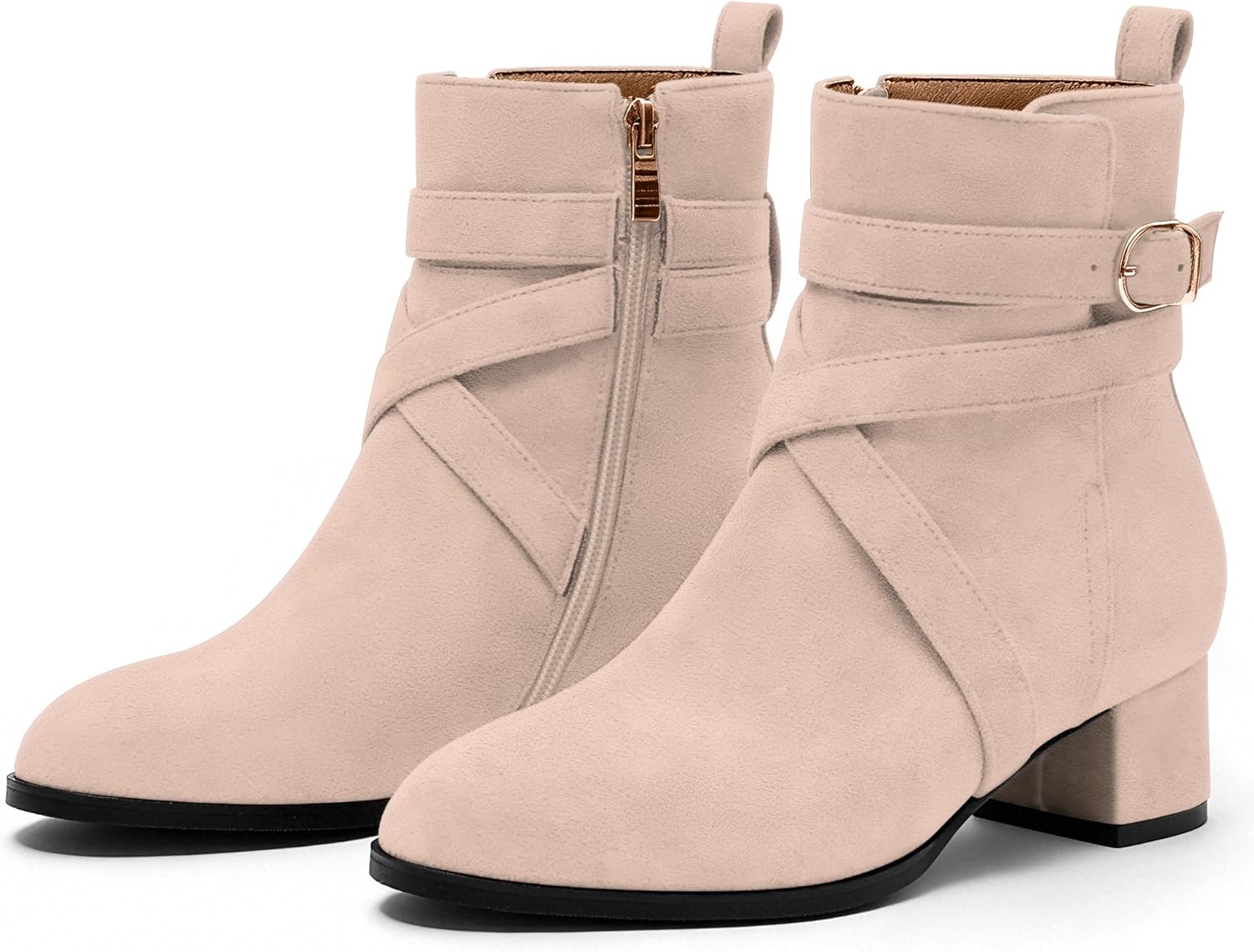 NUMALEO Womens Fashion Casual Ankle High Buckle Comfort Heeled Solid Round Toe Ankle Adjustable Strap Synthetic Ankle Boot