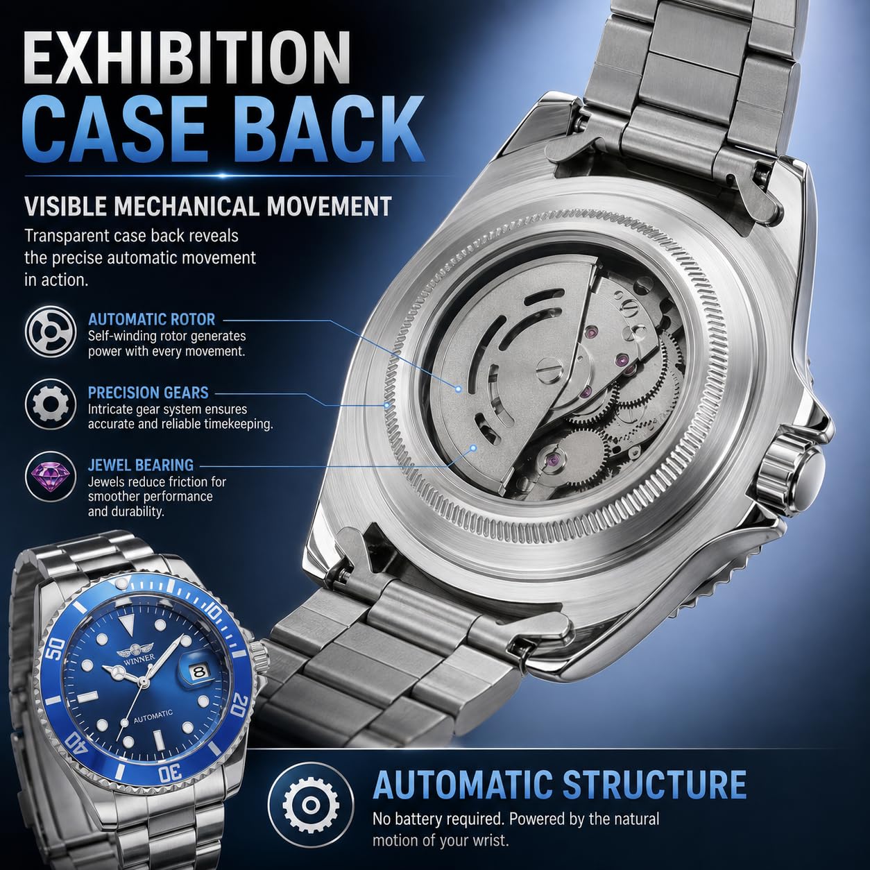 MASTOP Relojes mecánicos automáticos para hombre, de acero inoxidable, impermeable, de lujo, para hombre