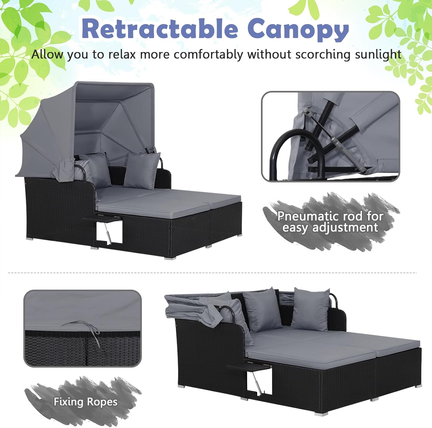 Tangkula Patio Rattan Daybed with Retractable Canopy, Outdoor Wicker Sunbed Lounger with 2 Foldable Side Tables, Thick Seat & Back Cushions, Outside Double Daybed for Garden, Backyard, Porch (Grey)