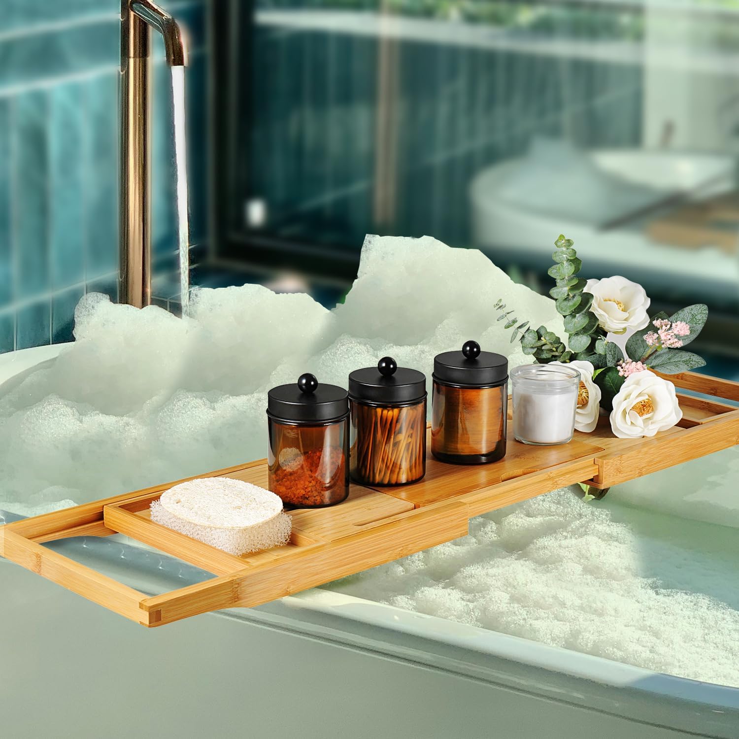 Amolliar Amber Glass Qtip Holder, Apothecary Jars with Matte Black Metal Lid & Stickers-Bathroom Qtip Dispenser Storage Organizer Set,Vanity Counter Canister for Cotton Swabs,Round Pads,Floss (2 Pack) - Image 6