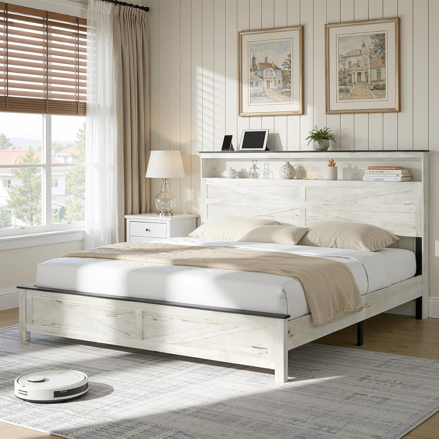 King Bed Frame and Headboard, Farmhouse Wood King Size Platform Bed Frame with Under Bed Storage, Metal Slats Support, No Box Spring Needed, Noise Free, Easy Assembly, White