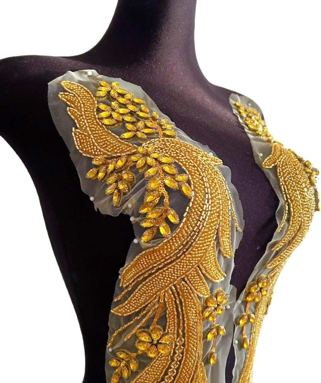 1 Pair Beaded 3D Lace Wedding Dress Clothes Patches Appliques with Loose Beads Glass Rhinestones Crystals for Bodice Decorations DIY