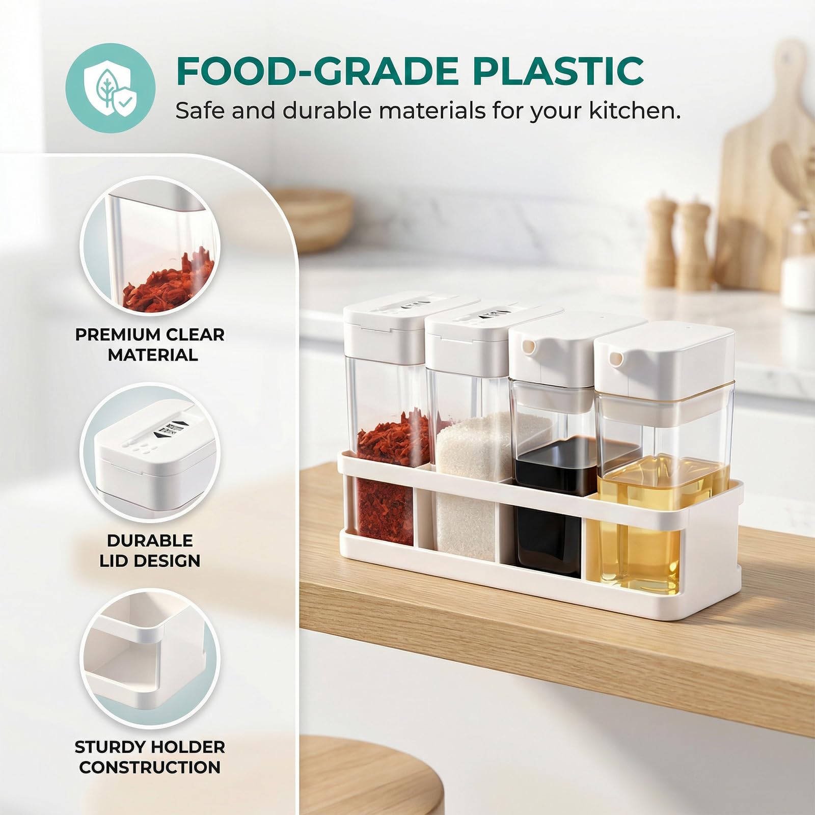 Barattoli Plastica per Spezie con Coperchio, Set da 4, 100ml, Inclusi Etichette, Trasparente, Bottiglie per Olio e Aceto, Contenitori Porta Spezie da Campeggio, Contenitori Spezie per Cucina