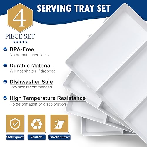 Miniatura 3 de Paquete de 4 bandejas blancas grandes de 16 x 11 pulgadas, 3 secciones, platos de plástico reutilizables para alimentos de fiesta, galletas