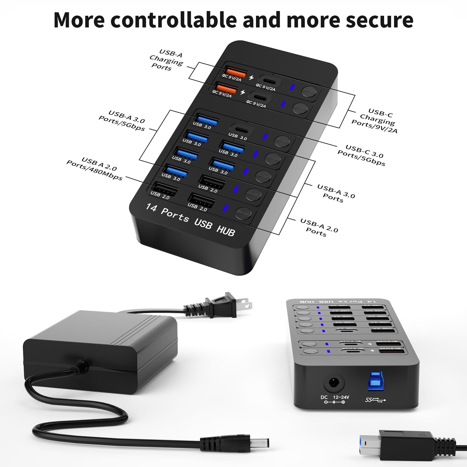 Hub USB alimentato a 14 porte con 6 porte USB 3.0, 4 porte di ricarica, 1 porta dati USB-C 3.0 e 1 porta di ricarica PD da 60 W con interruttori on/off LED per MacBook, laptop e PC