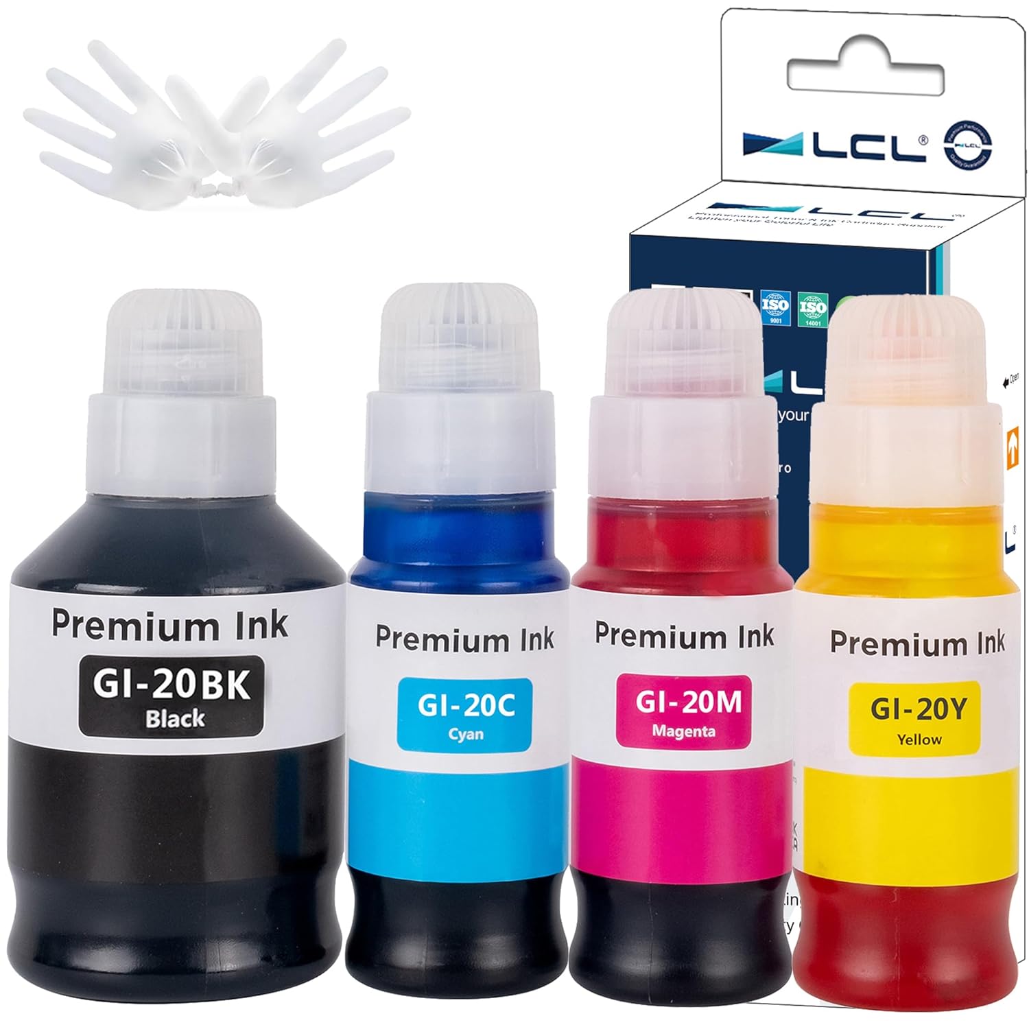 LCL GI-20 GI20 Ink Bottles Replacement for Canon 20 GI20 GI-20 Ink Refill Bottles Compatible with Canon PIXMA G5020 G6020 G7020 Printer (4-Pack,Black Cyan Magenta Yellow)