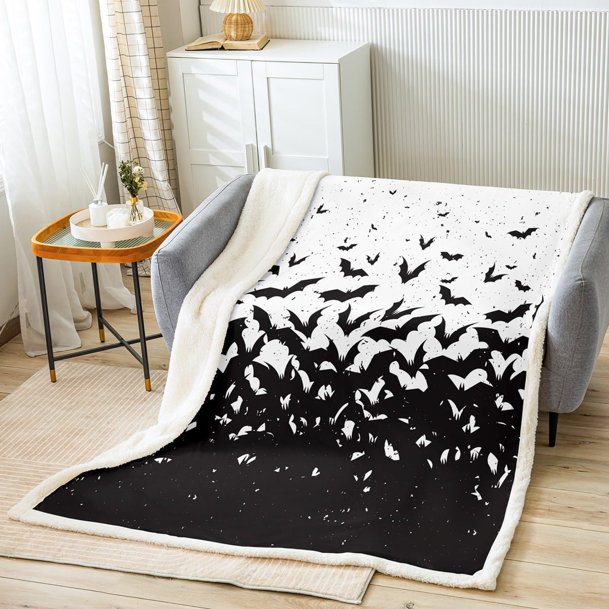 Black Bats Kids Throw Blanket,Happy Halloween Before Christmas Bed Blanket for Boys Girls Adults,Halloween Holiday Fleece Blanket,Black White Simple Fuzzy Blanket,Throw Size (50 x 60 Inches)