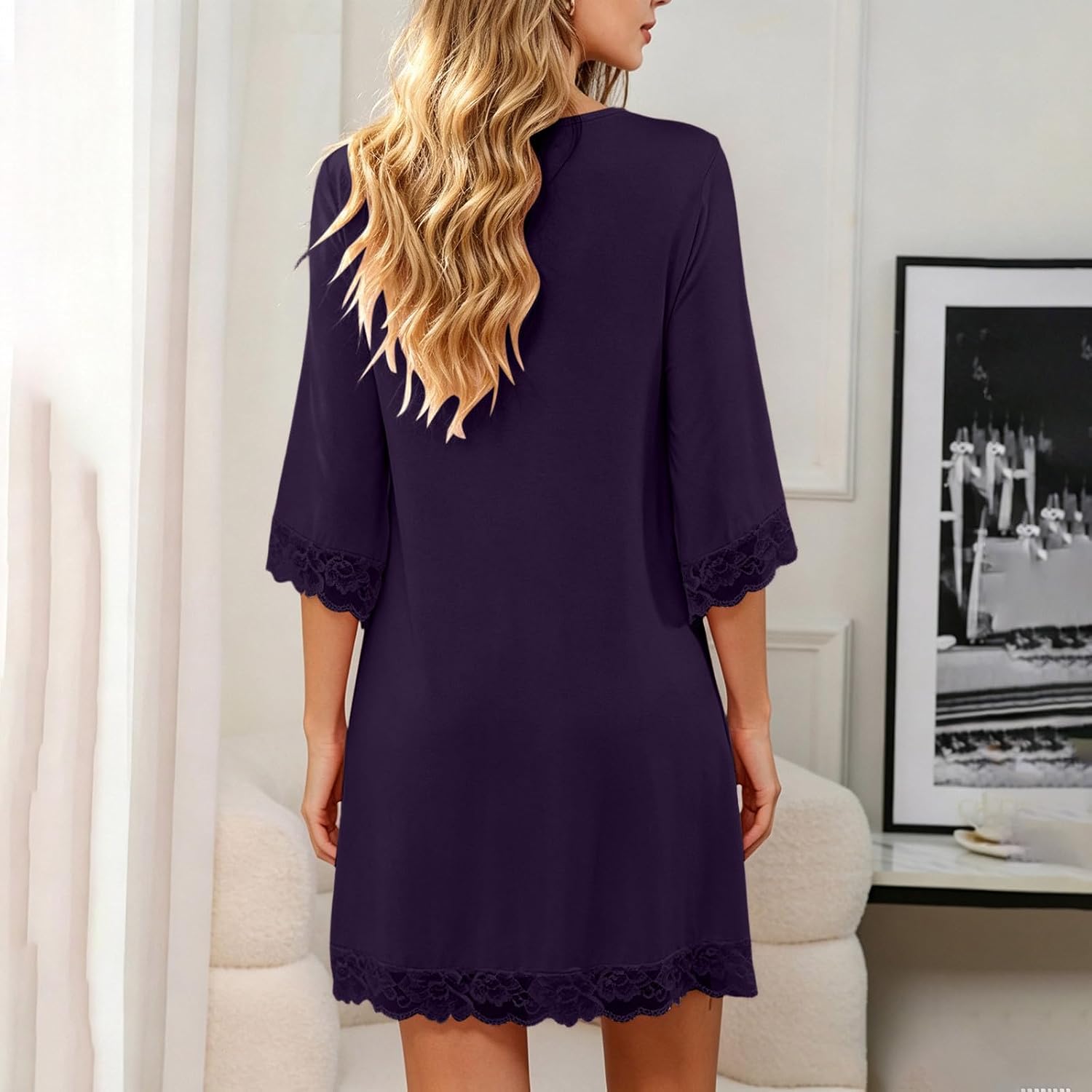 Ladies V Neck Nightgown 3/4 Sleeve Sexy Sleepwear Home Sleep Dress