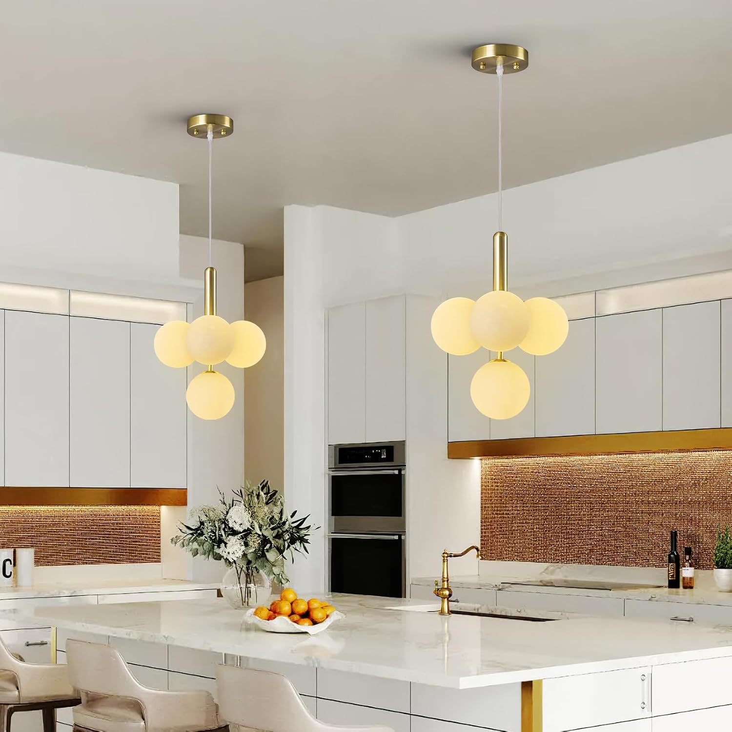 4 Light Globe Chandelier Mid Century Pendant Light with Milky White Glass Shade Modern Gold Sputnik Chandeliers for Dining Room Living Room Bedroom Kitchen Island