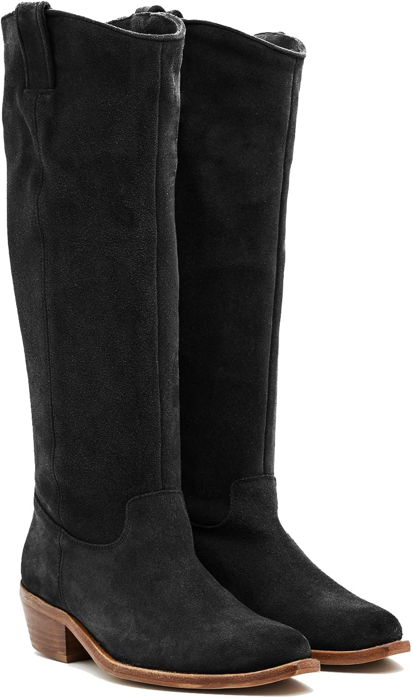 LEHOOR Women Stacked Heel Black Slouchy Knee High Western Boots Comfort Wide Calf Pointed Toe Velvet Suede Leather Black Cowboy Boots Low Heel Pull On Black Combat Boots Dressy Winter Winter Black 10