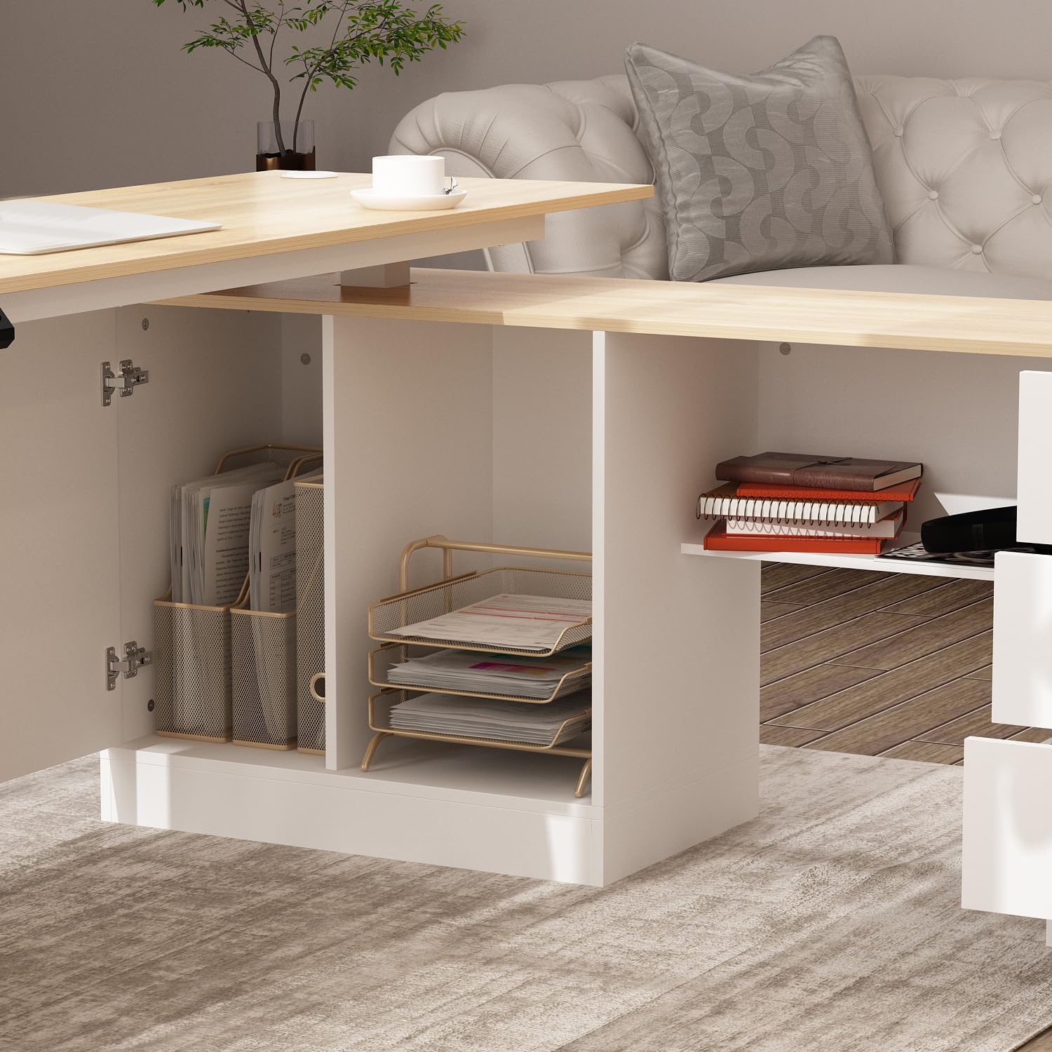 Hitow 63" W Height Adjustable Standing Desk with Drawers & Cabinet, Electric Stand up Desk with Storage, L Shaped Home Office Table Corner Computer Workstation, White & Oak (28.4"-45.8" H)