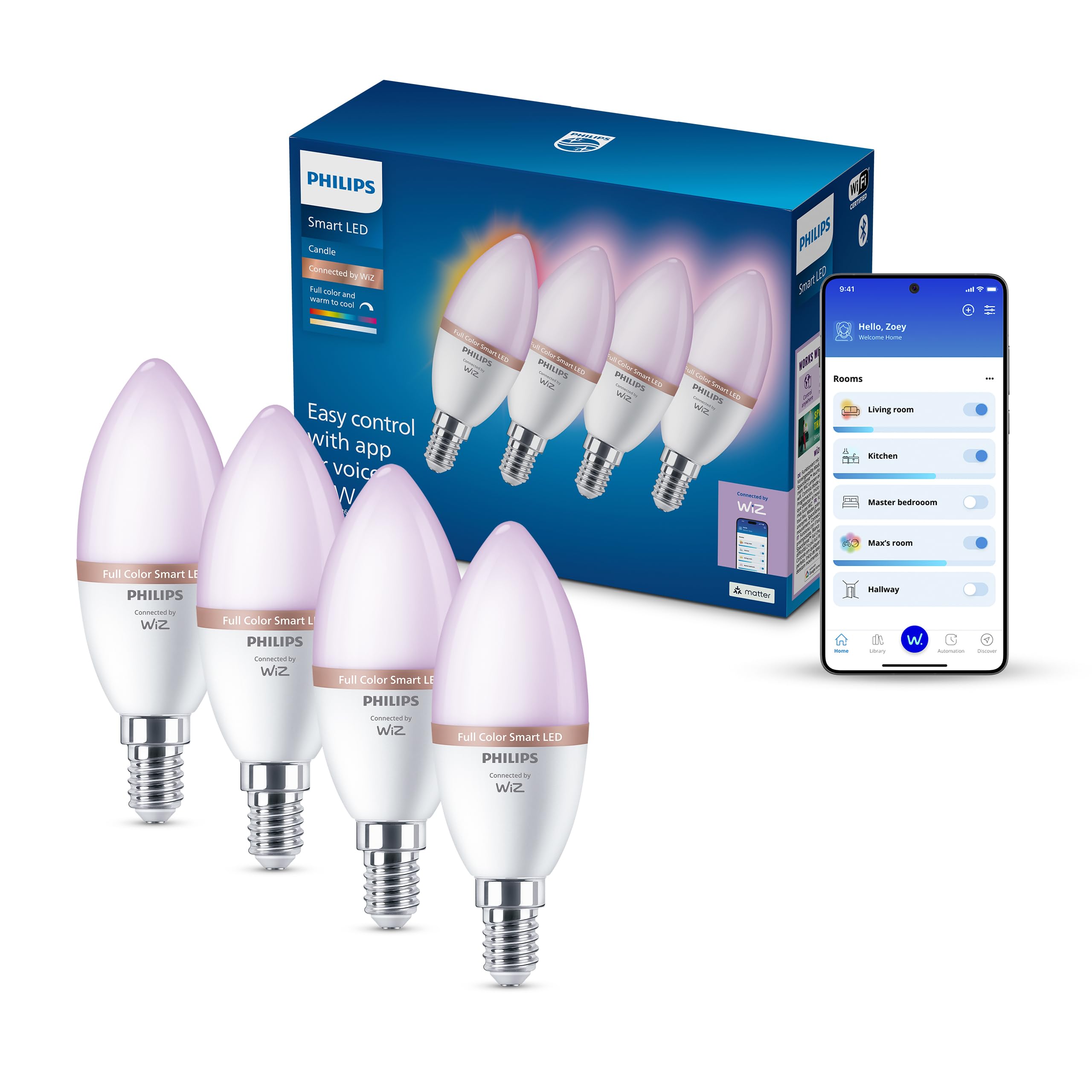 Philips Smart Lighting, Lampadina LED C37 Smart RGB, 4 Pz, E14, 470 lm, Luce Bianca Regolabile e a Colori 2.200-6.500 K, Dimmerabile, Connected by WiZ, Alexa, Google Home, Apple Home, Luci Led