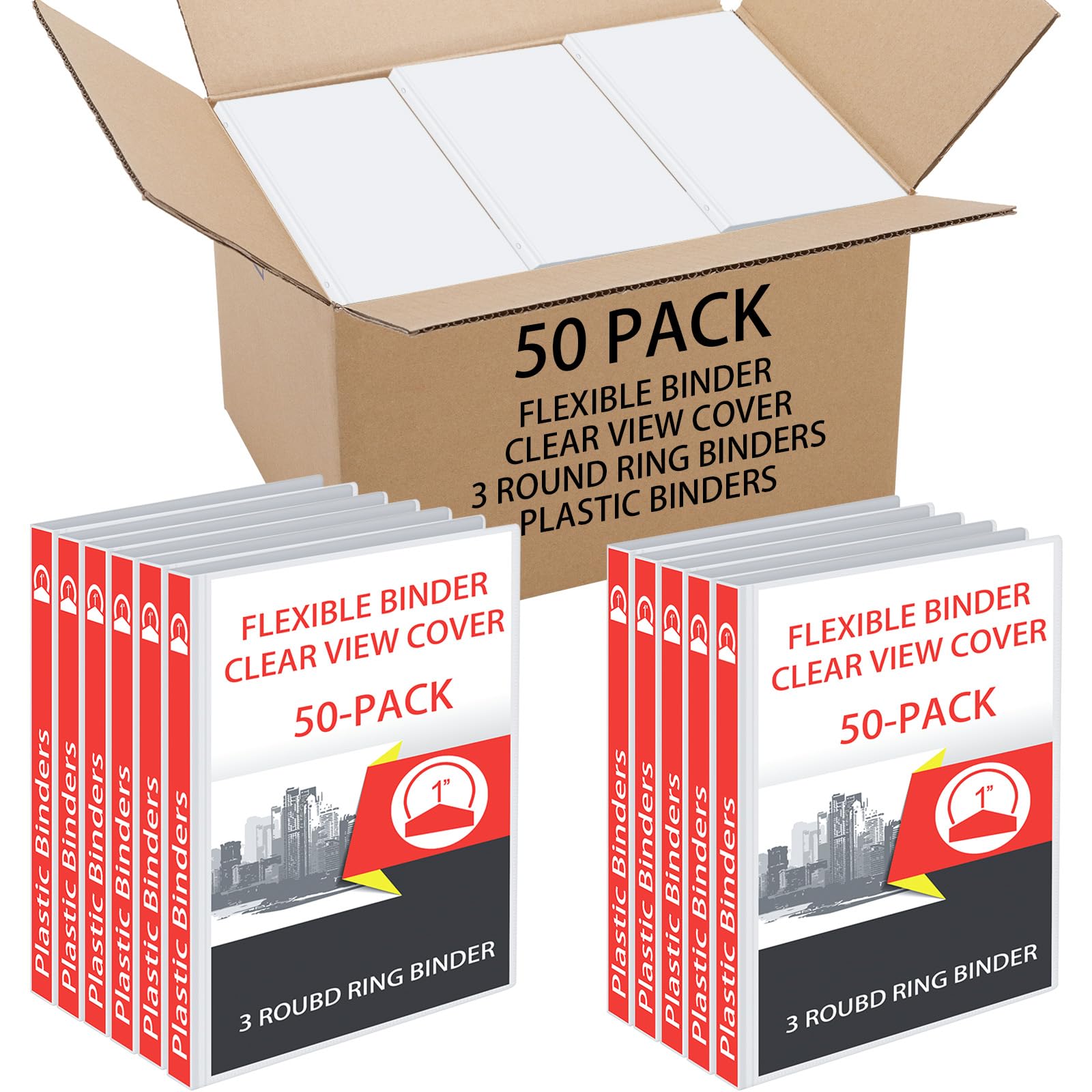 50 Pcs 1 Inch 3 Ring Binders Bulk with 2 Interior Pockets Round Ring Binders 3 Ring Soft Binder View Binders Holds 175 Sheets Flexible Binder with Clear Cover for Office School (White)