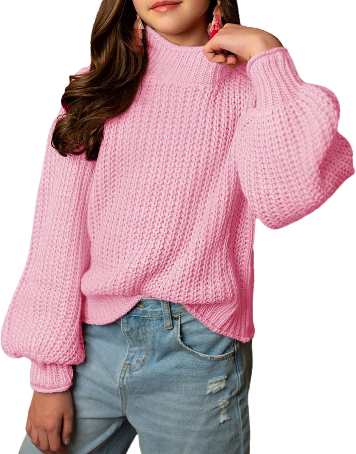 rrhss Girls Mock Neck Loose Knit Sweaters Kids Long Sleeve Slouchy Warm Cute Fashion Pullover Tops 5-14 Years