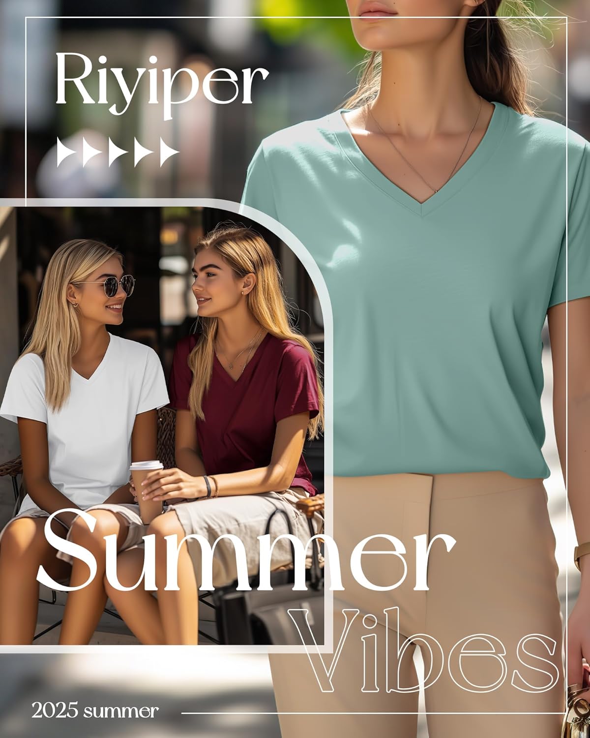 Riyiper 4 Pack Women's V Neck T Shirts Short Sleeve Casual Tunic Tops Loose Fit Summer Curved Hem Basic Tee - Image 2