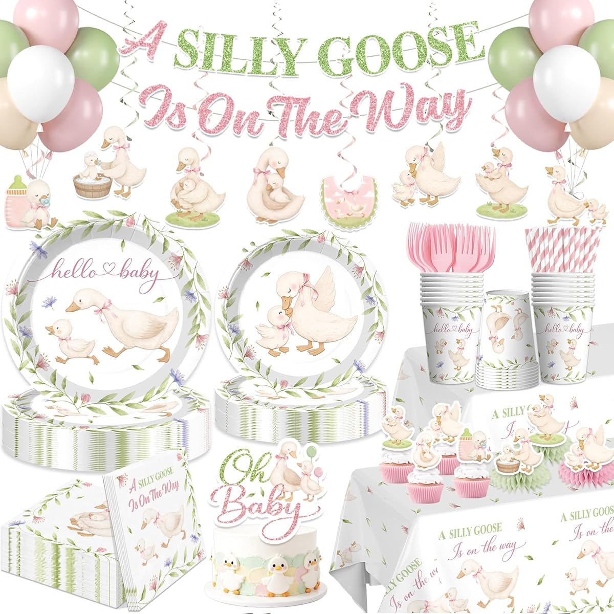 Xynic Juego de vajilla con decoraciones para baby shower de ganso tonto de 205 piezas, 25 porciones | Juego de platos y servilletas desechables sin montaje, adorno para tarta, centros de mesa, pancarta, mantel, para baby shower de ganso