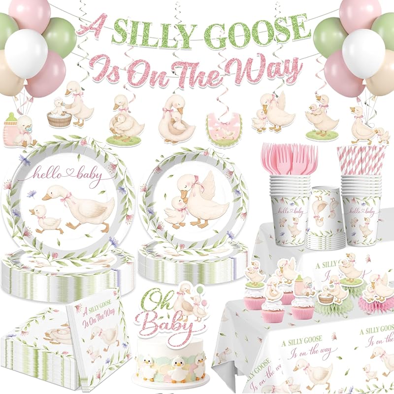 Xynic Juego de vajilla con decoraciones para baby shower de ganso tonto de 205 piezas, 25 porciones | Juego de platos y servilletas desechables sin montaje, adorno para tarta, centros de mesa, pancarta, mantel, para baby shower de ganso