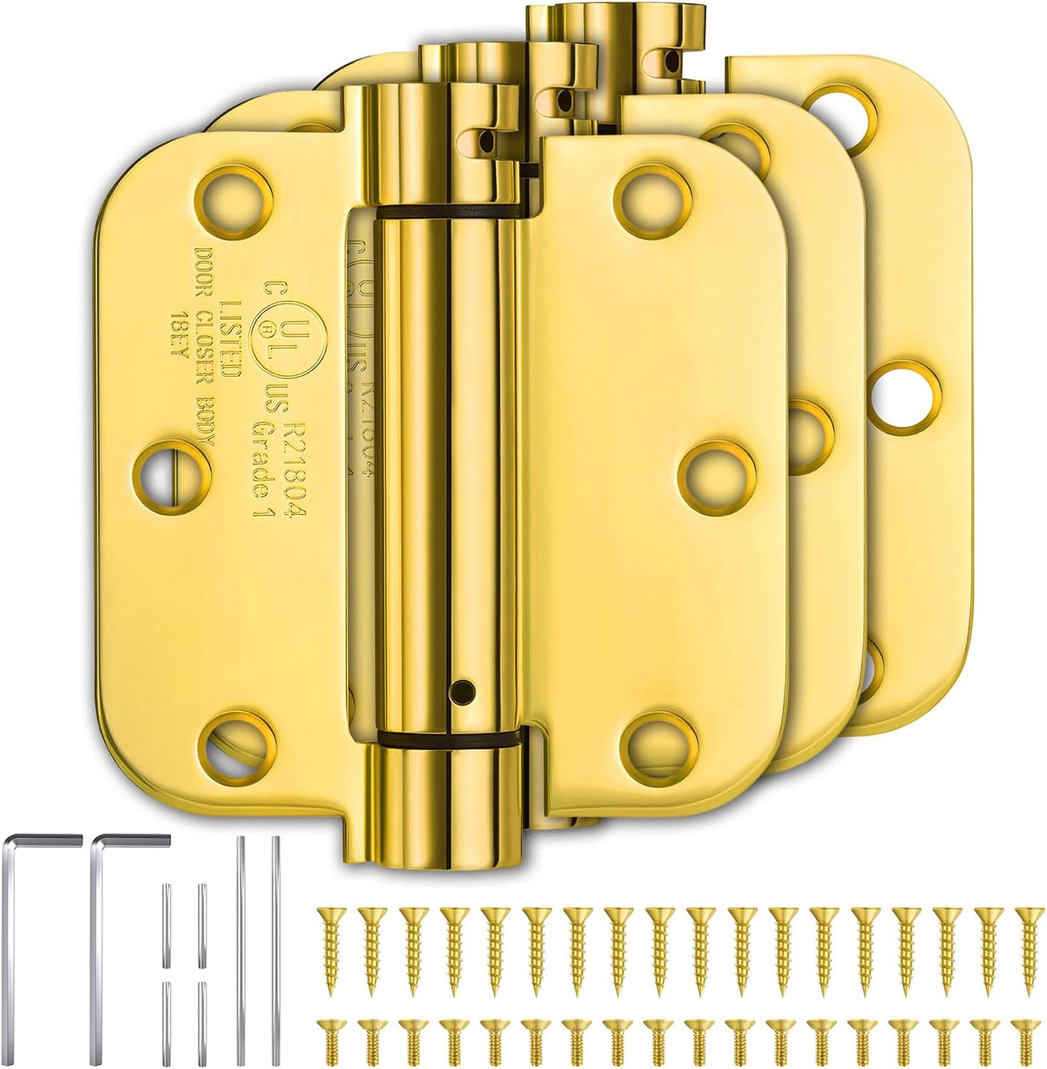 Self-Closing Spring Loaded Door Hinges 3.5 Inch - Adjustable Tension for Garage/Front/Back/Indoor Doors, UL Listed Left & Right Hand Hinge, 5/8'' Radius Corners, Polished Brass (3 Pack) 3.5" 3 Pack Polished Brass