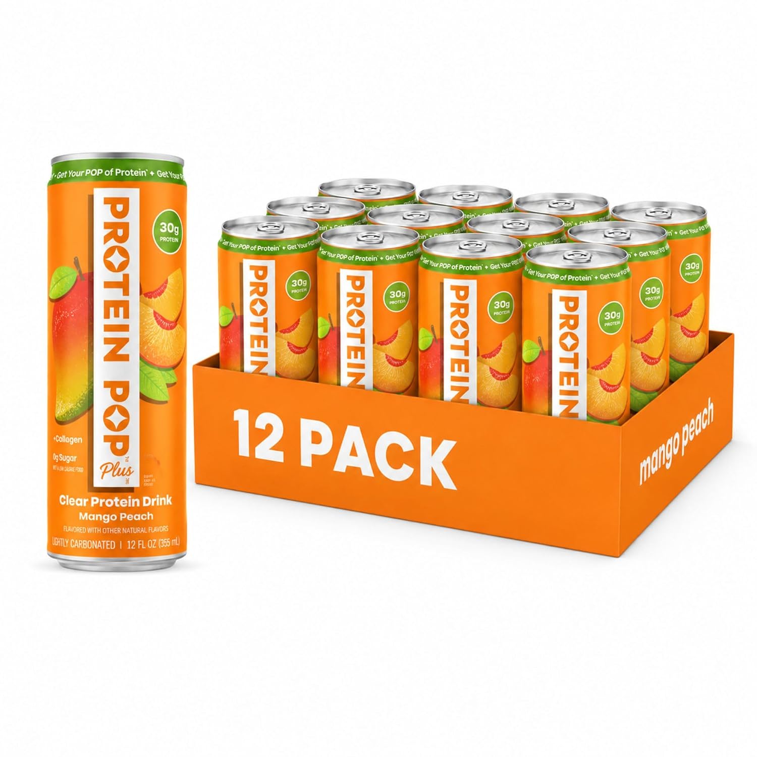 Plus - Sparkling Clear Protein Drink | 30g Whey Protein Isolate + Collagen | Zero Sugar, Lightly Carbonated, No Artificial Sweeteners (Mango Peach, 12 fl oz, 12 Cans)
