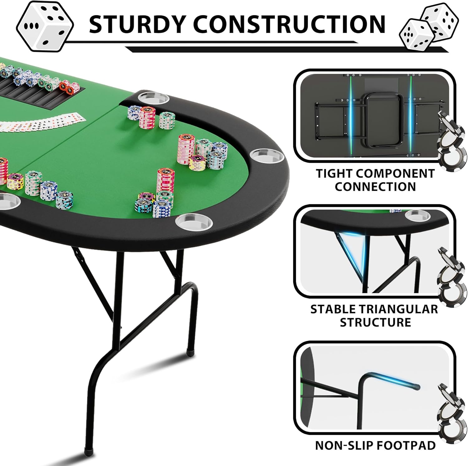 Folding Poker Table, 10 Player Foldable Texas Holdem Poker Table with Collapsible Legs, Poker Chips Tray, Padded Rails & Cup Holders, Blackjack Casino Game Leisure Table for Home, Parties, Club