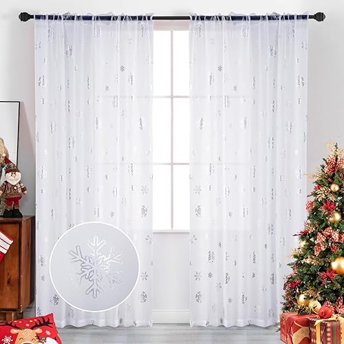 Miniatura 1 de MikiUp Cortinas traslúcidas de copos de nieve de Navidad, cortinas semitransparentes impresas en papel de aluminio plateado para dormitorio, sala de
