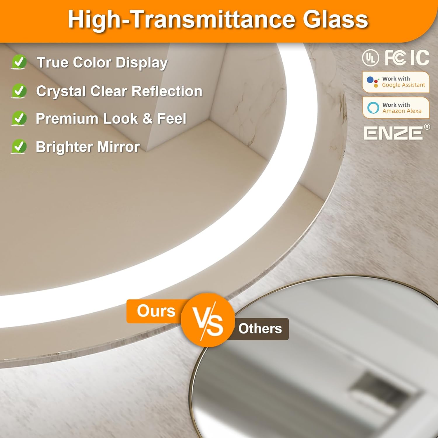 ENZE 24" Smart Round LED Bathroom Mirror - Frameless Vanity Mirror with WiFi & Voice Control (Alexa/Google), Stepless Dimmable 3-Color Lighting, Anti-Fog & 24H Timer Lighted Mirrors for Bathroom Wall