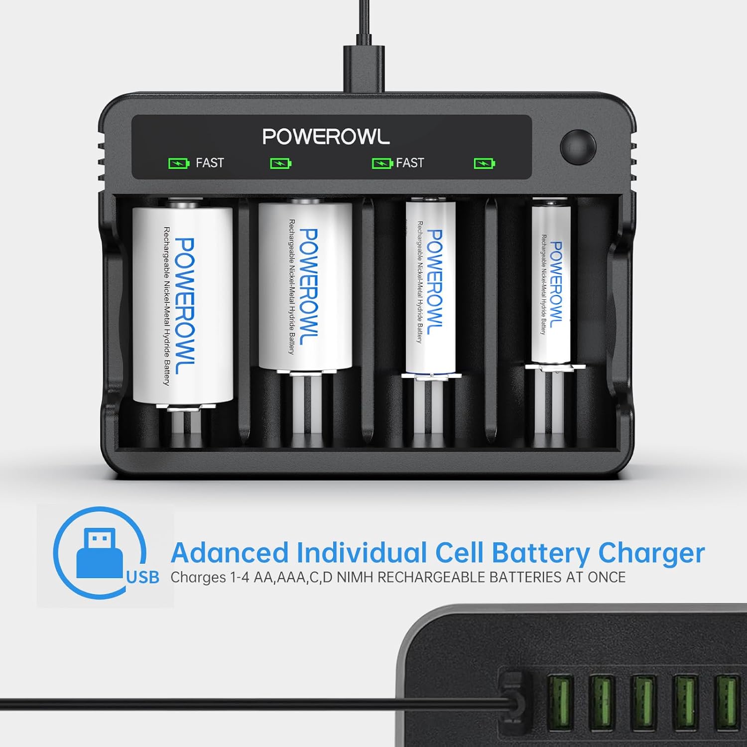 POWEROWL 4-Bay Battery Charger showing LED indicators. Red lights indicate charging, green lights indicate fully charged.
