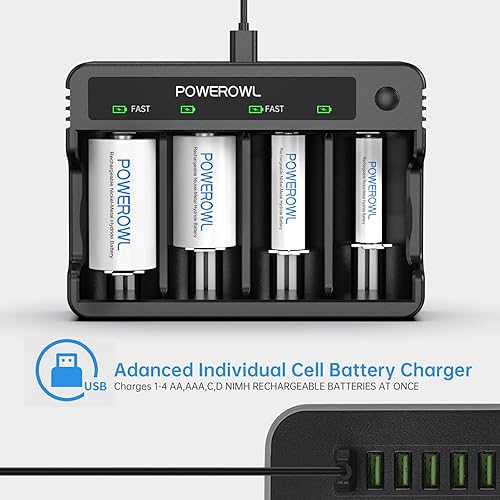 Miniatura 6 de POWEROWL Baterías recargables D con cargador de batería de 4 bahías, carga rápida USB, para baterías recargables AA AAA C D Ni-MH Ni-CD -4 unidades