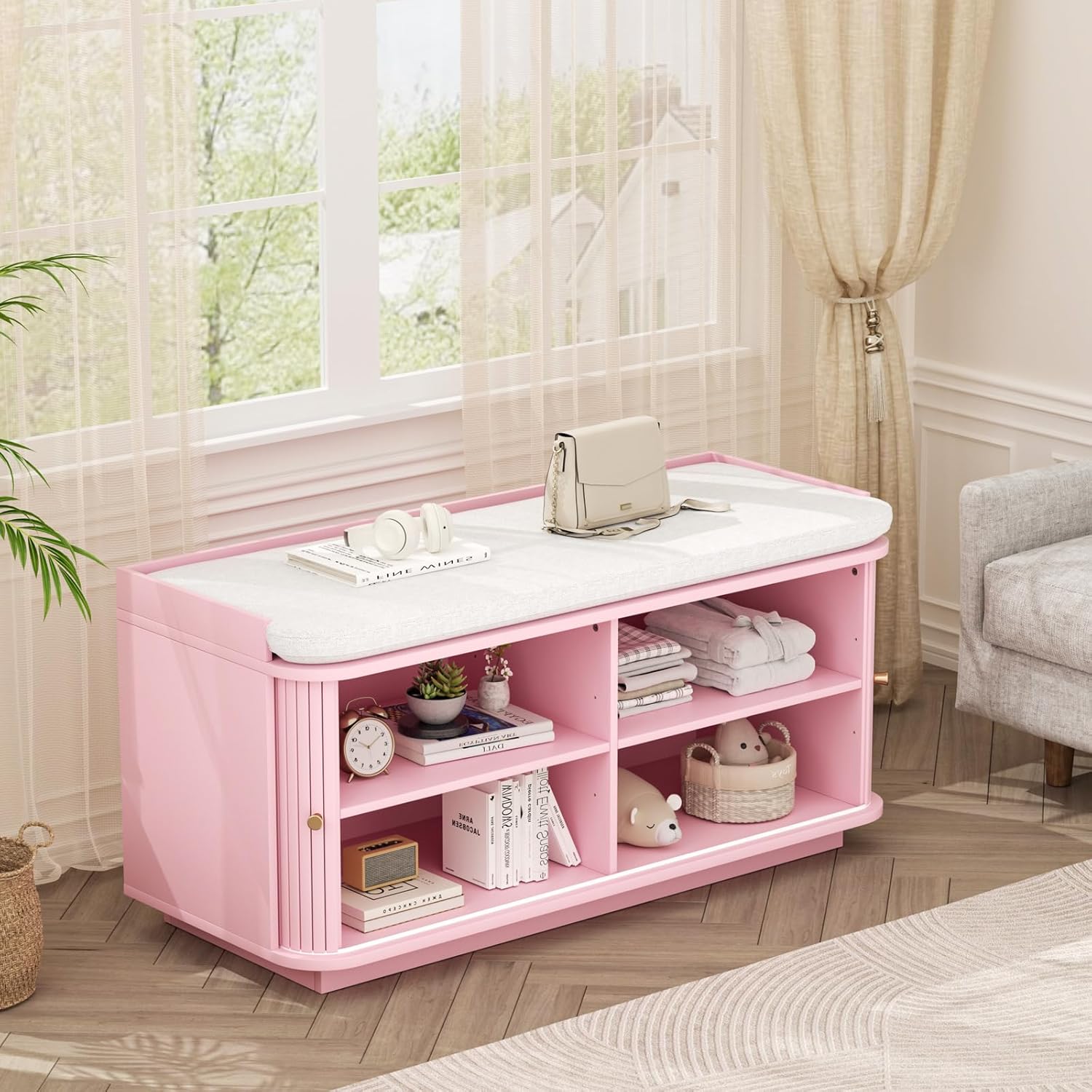 Hall Tree with Bench and Shoe Storage, Entryway Bench with Sliding Door Cabinet, Removable Padded, Metal Wall Hooks and Adjustable Storage Compartments, for Entry, Hallway, Living Room, Pink