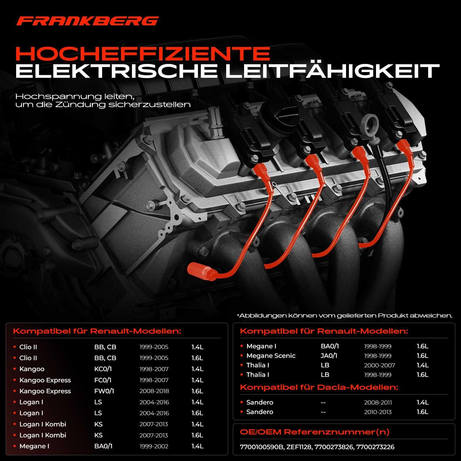 Frankberg 4x Zündleitungssatz Zündkabel Kompatibel mit Logan LS 1.4L 1.6L 2004-2012 M.e.g.a.n.e I BA0/1 1.4L 1.6L 1998-2002 Sandero/Stepway I BS 1.4L 1.6L 2009-2012