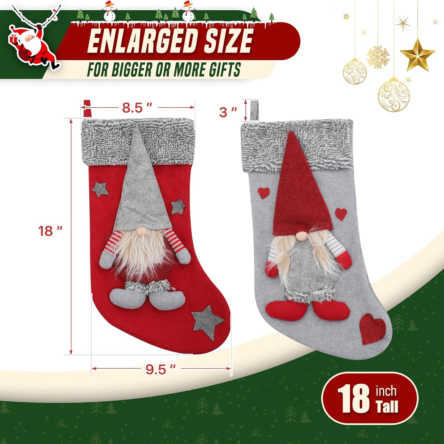 Christmas Stockings for Holiday Decorations, Xmas Stocking with Faux Fur Plush Cuff for Fireplace Hanging Family Party Tree Decor 4 Pack Gift Set, Non-Woven 3D Gnome - Gray/Red