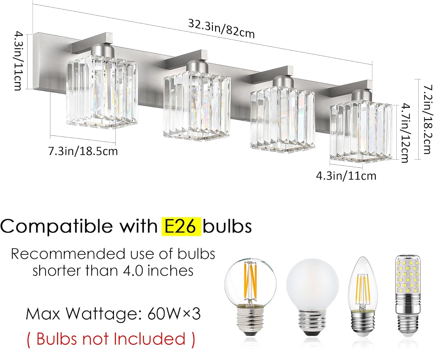 Aipsun Brushed Nickel Bathroom Lighting Fixtures 4 Light Crystal Modern Bathroom Vanity Light (Exclude Bulb)