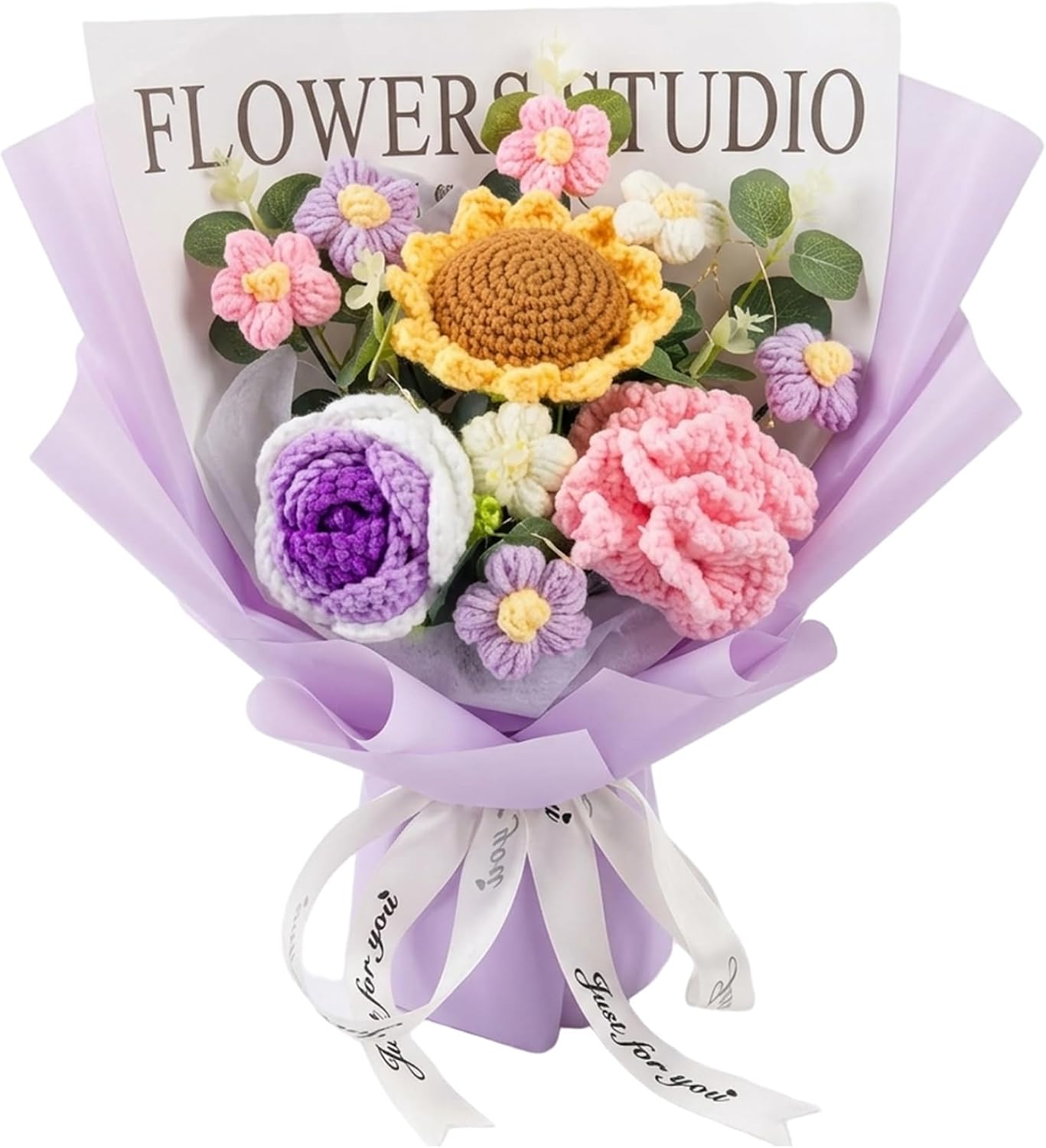 Crochet Flower Bouquet - Knitted Roses & Tulips, Long-Lasting Bouquet of Crochet Flowers for Birthday, Mother, Teacher, Home Decor, Champagne of Flowers Knitted