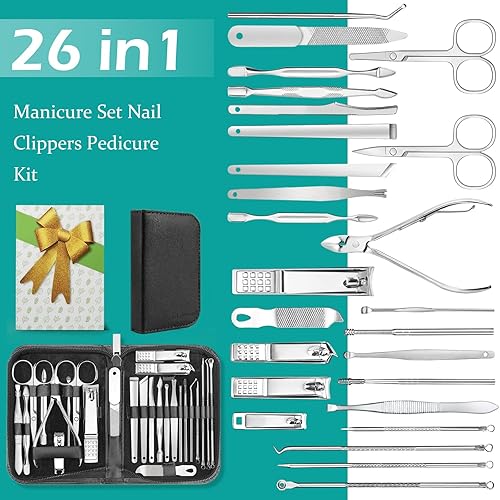 Miniatura 2 de Kit profesional de manicura y pedicura de 26 piezas, juego de cortaúñas, herramientas de cuidado de uñas de acero inoxidable con estuche de viaje,