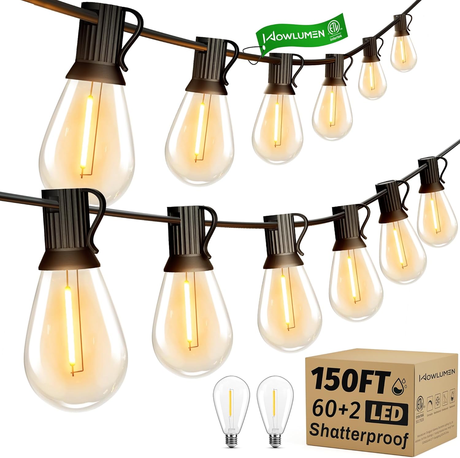 150FT Outdoor String Lights, 62 Tear-drop LED Filament Bulbs, 2200K Cozy Warm, Connectable Hanging Lights for Outside, Shatterproof Waterproof for Patio Backyard Porch Garden Bistro UL Listed