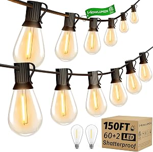 150FT Outdoor String Lights, 62 Tear-drop LED Filament Bulbs, 2200K Cozy Warm, Connectable Hanging Lights for Outside, Shatterproof Waterproof for Patio Backyard Porch Garden Bistro UL Listed