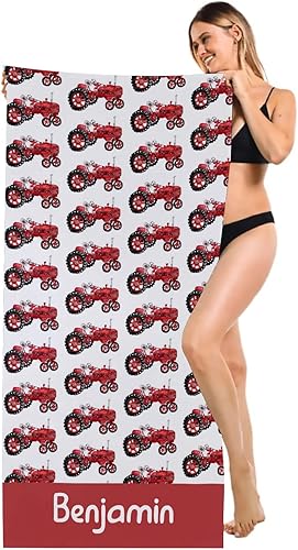 Miniatura 10 de Toalla de playa personalizada con patrón de tractores verdes con alfombrilla de nombre de 30 x 60 pulgadas, manta grande de piscina para mujeres,