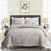 3 Piece Reversible Quilt Set Gray Branch Queen Size 88x88 Soft Microfiber Lightweight Coverlet Bedspread Summer Bedding Set Bed Cover for All Season (1 Quilt+ 2 Shams)
