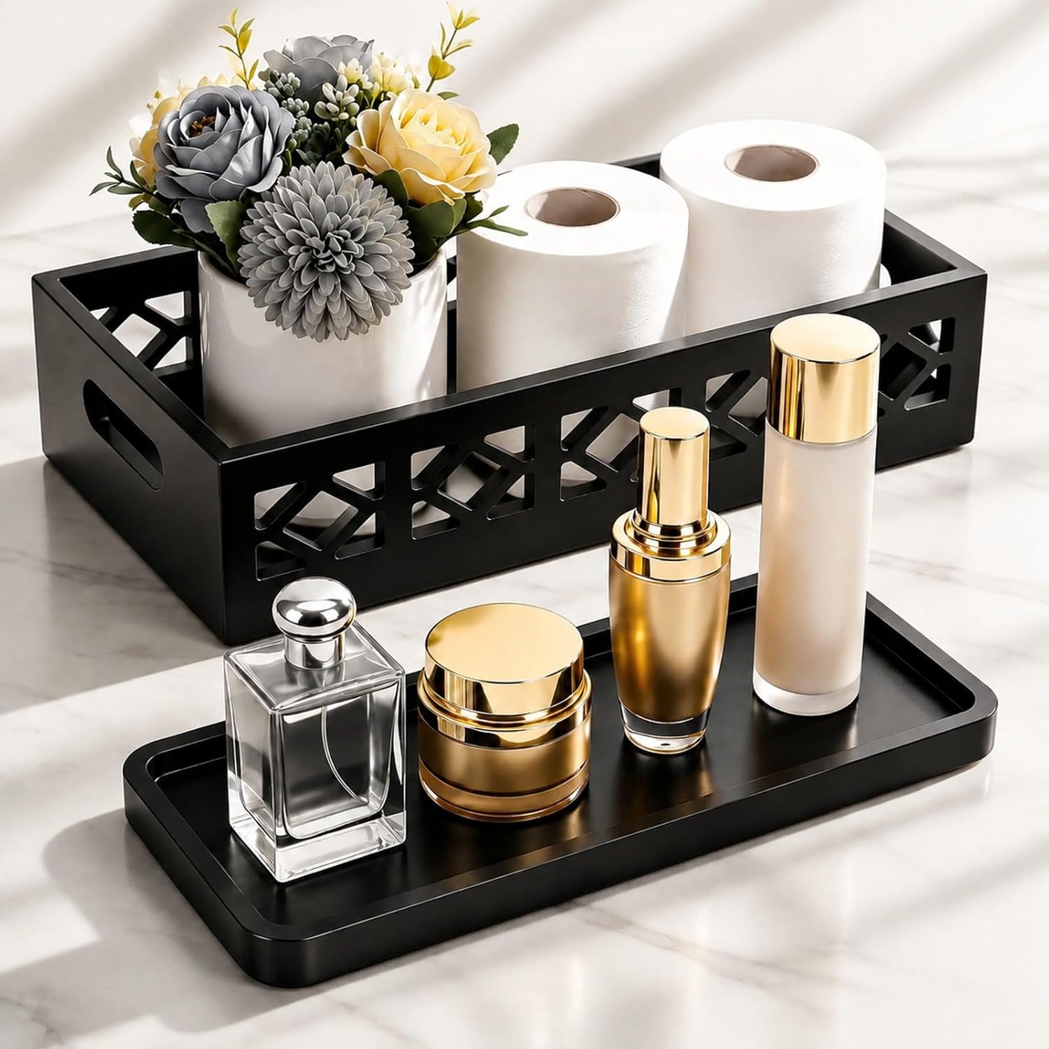 SiliFine Toilet Tank Basket and Tray Set Black Wooden Toilet Tank Top Storage Basket Farmhouse Bathroom Storage Organizer with Hollow Pattern Handles for Bathroom Paper Rolls Countertop Shelf
