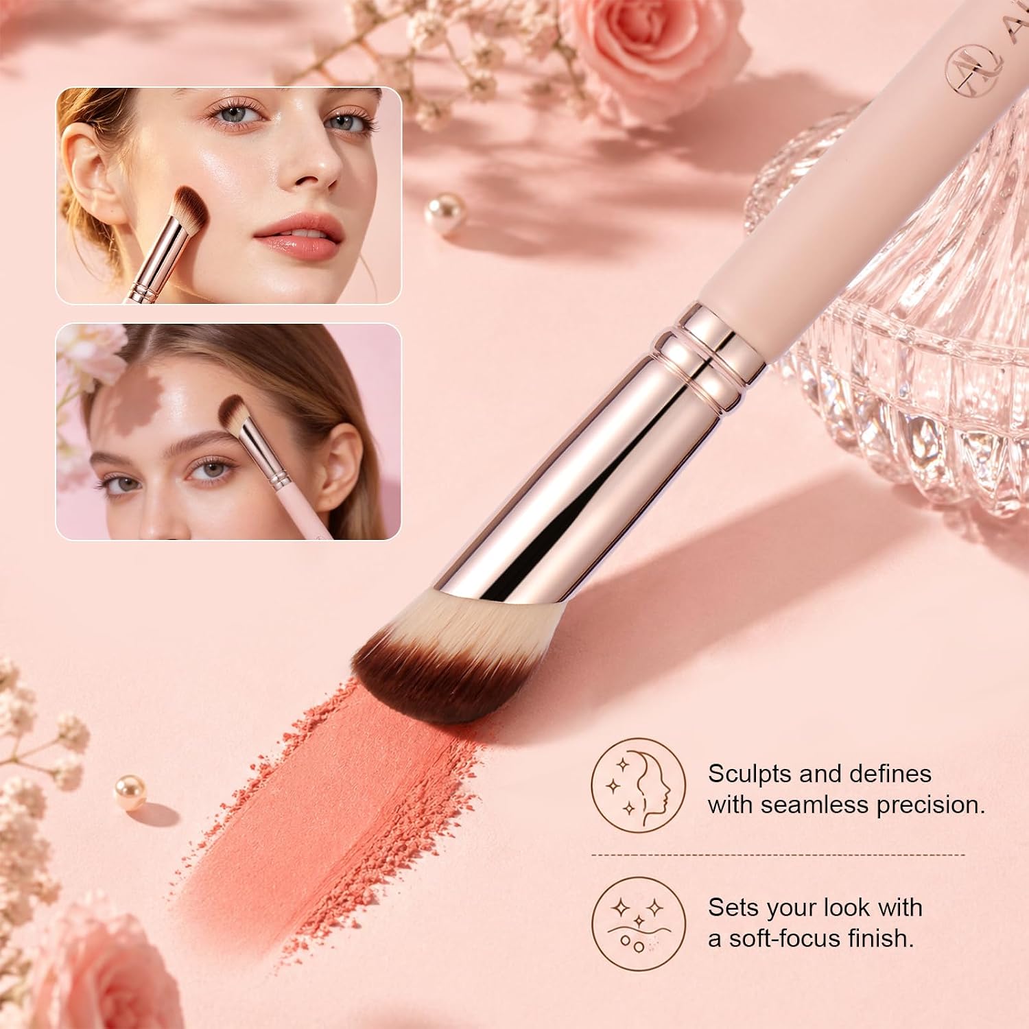 Angled Makeup Brush, Soft Dense Face Brush for Foundation, Concealer, Contour, Cream Blush and Powder, Slanted Blending Brush with Pink Handle and Rose Gold Ferrule