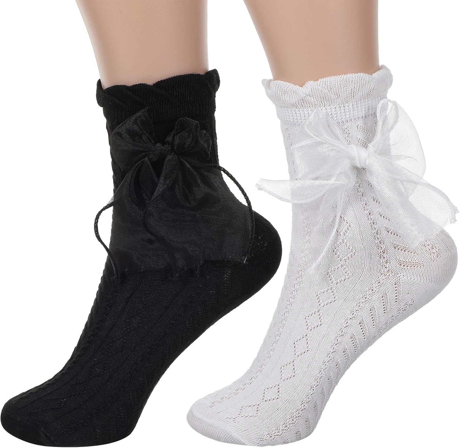 2 Pairs Ruffle Socks with Bow, Cute Princess Lolita Frilly Socks for Women Girls, Breathable Cotton Lace Ankle Sock for Women(Black, White)