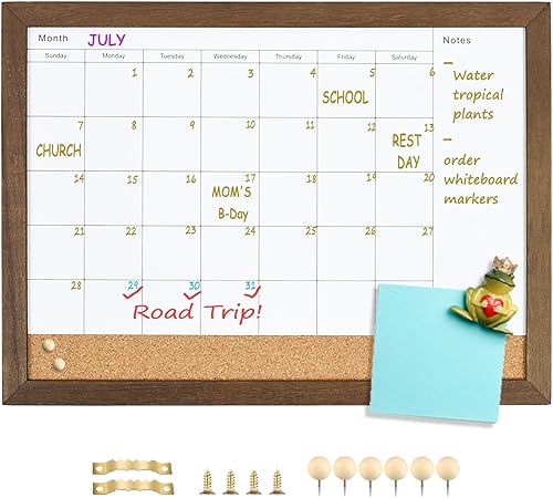 Miniatura 7 de Pizarra blanca con calendario y corcho, 18 x 24 pulgadas, pizarra blanca de borrado en seco y tablón de anuncios, calendario de marco marrón
