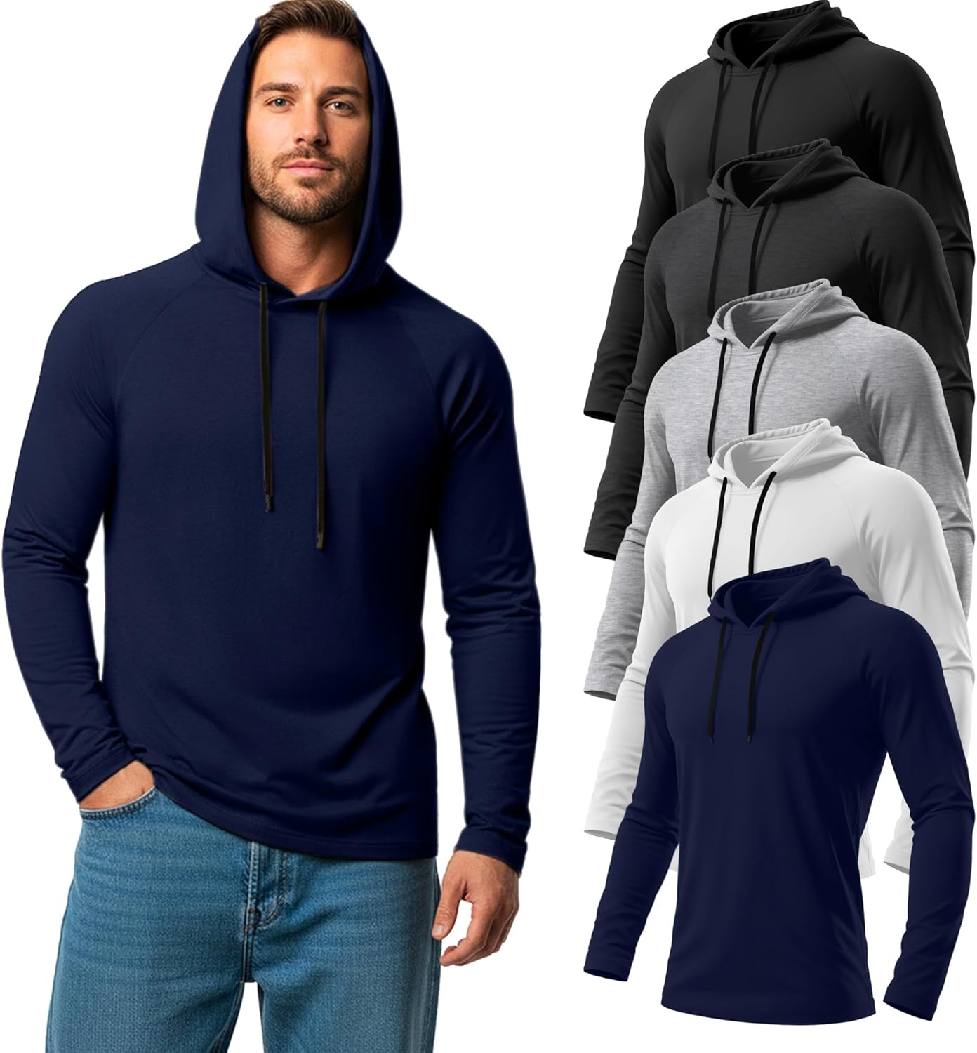 August Alley 5 Pack Men's Big and Tall Hoodies Long Sleeve Lightweight Sweatshirt Workout Pullover Multipack