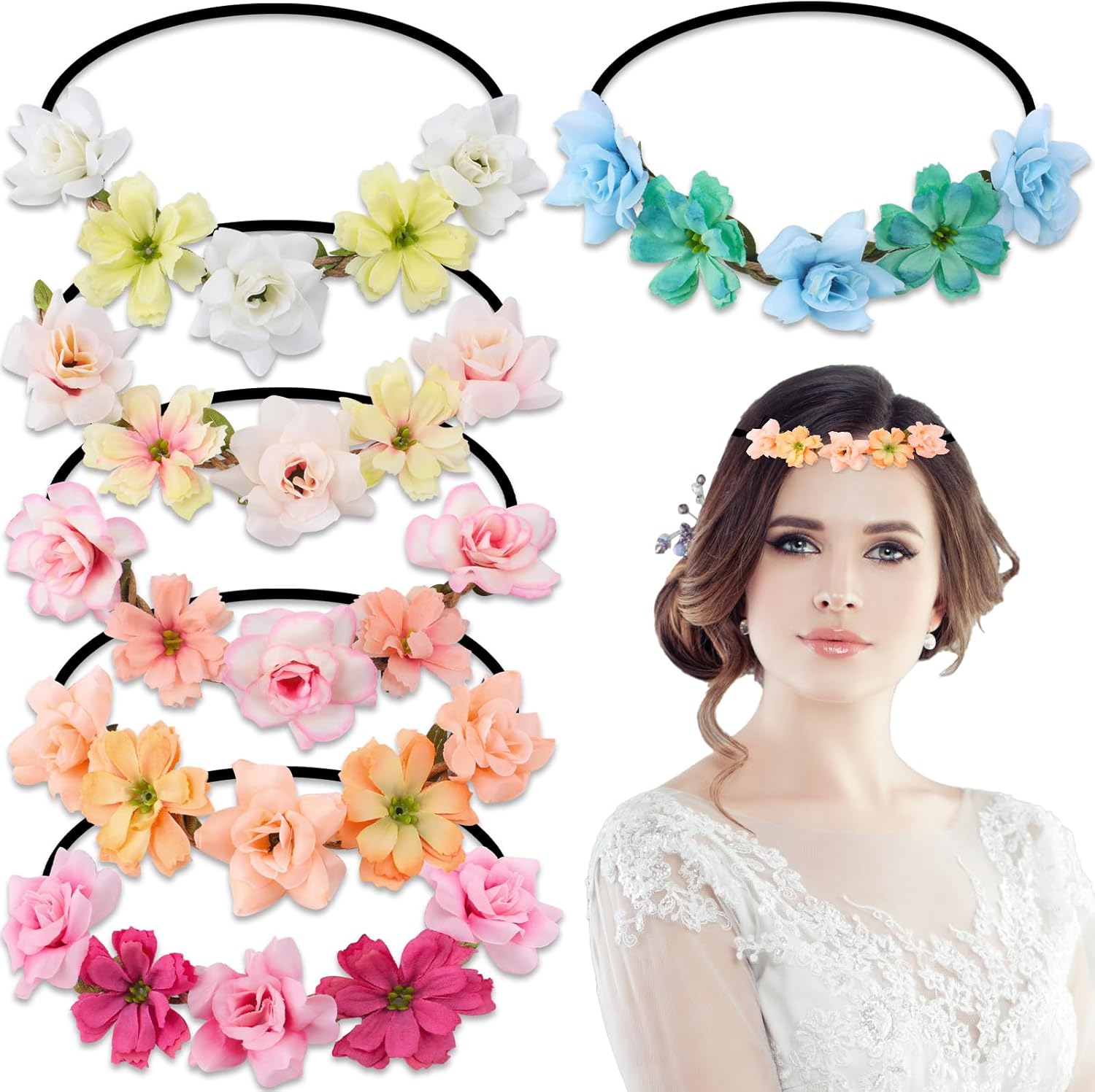 Flower Crown Headbands 6Pcs Flower Hair Wreath, Multicolour Girls