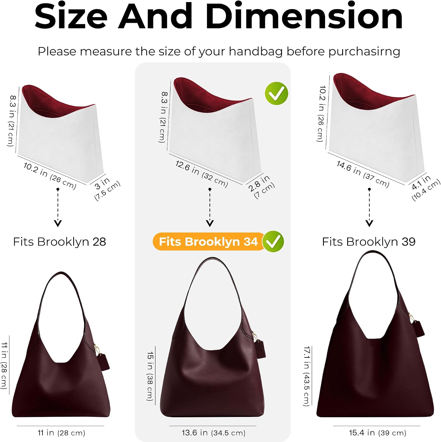 Purse Organizer Insert for Coach Brooklyn 34 Shoulder Bag,Custom Fit Inside Premium Lightweight Water Resistant Purse Insert with Zipper(Bordeaux Red)