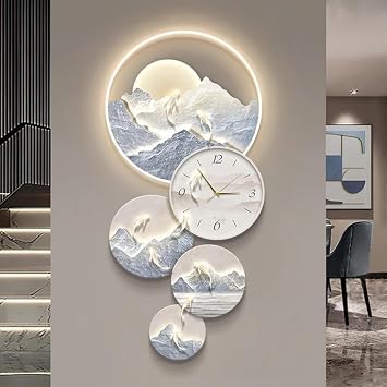 YHWKGZ Decorative Wall Clock with Led Light, 3D Wall Art Decor Clock, Landscape Wall Painting Hanging, Creative Silent Wall Sculpture, for Entrance, Living RoomBlue,22.0x47.2in/56x120cm