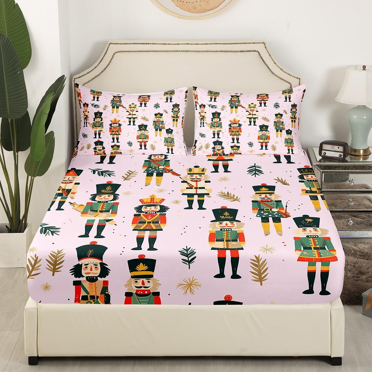 Feelyou Pink Merry Christmas Sheet Set Christmas Nutcracker Sheets with Deep Pocket Fitted Sheet Twin Size Xmas Deer Elk Decor Bed Sheets Set Sheet Set Cartoon Nutcracker Bed Set 3Pcs