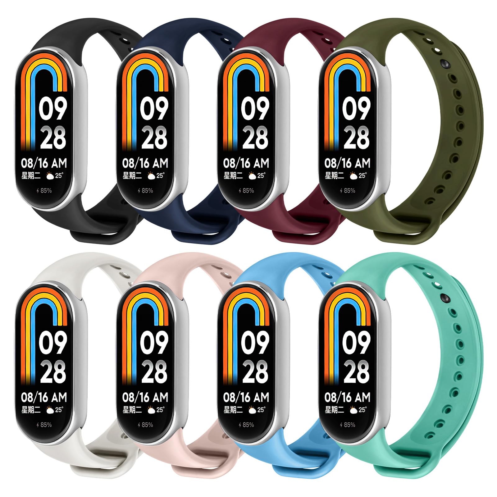 Ainiv Silicone Strap Compatible with Xiaomi Mi Band 8/9/10, 8pcs Silicone Sport Band Straps for xiaomi smart band 8/9/10, Adjustable Replacement Wristband for Women Men(Set2)